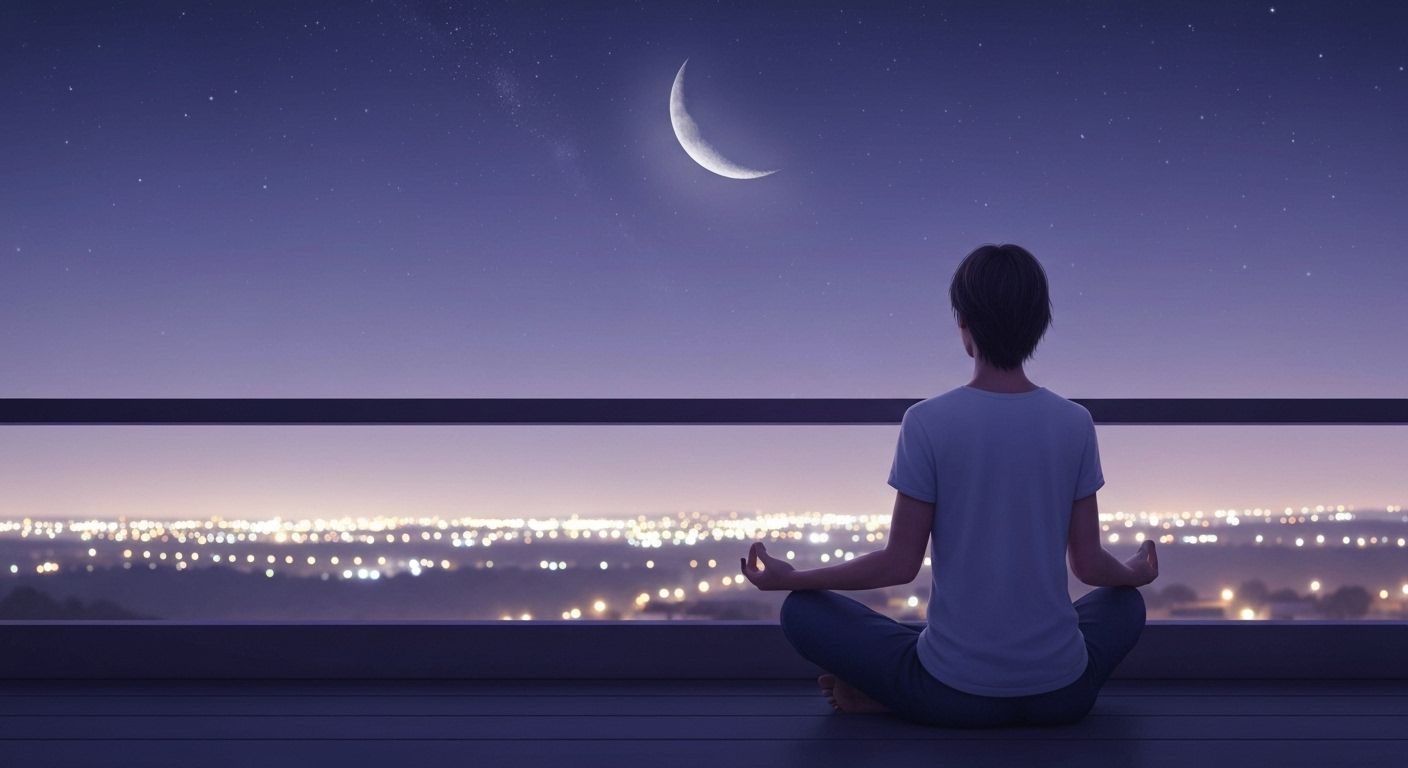 Calm night illustration with moon and stars representing quiet evening reflection and the sustainable rhythm of a mindfulness practice